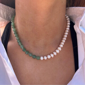 Pearl and Green Aventurine Gemstone Necklace Gold Filled Clasp